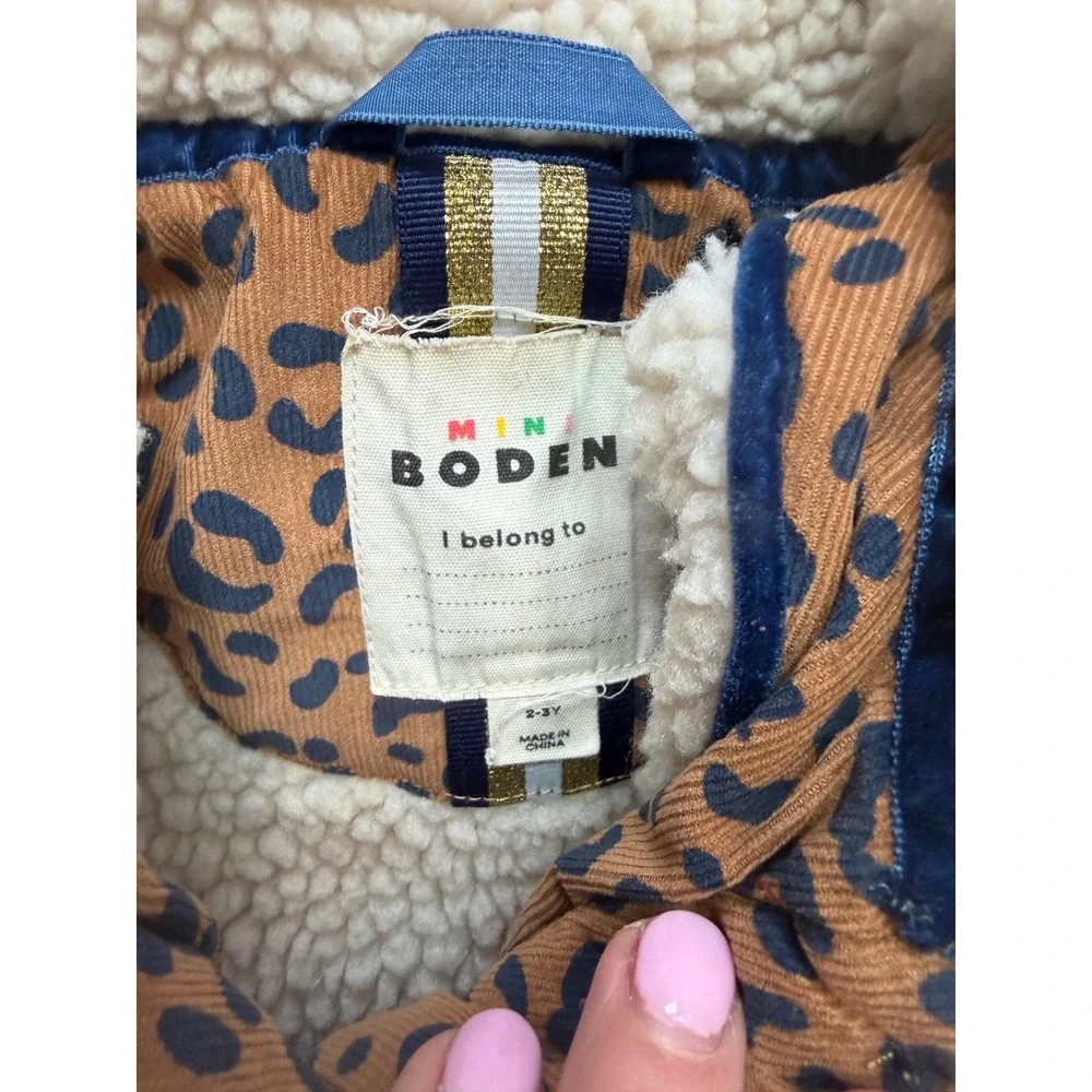 Mini Boden Girls Leopard Print Corduroy‎ Quilted Jacket Sherpa Lining Tan 2-3Y
